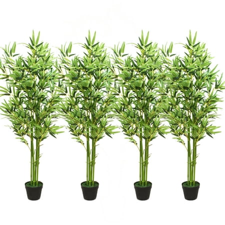 Set of 4 Artificial Faux Potted Plant 5-Feet Fake Bamboo Green Leaf Plant Bonsai Decor for Indoor Outdoor Home Office Hotel (Best Indoor Potted Flowers)