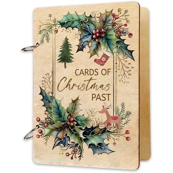 Christmas Card Keeper Wooden Memory Book Loose Leaf Binder Greeting Card Postcard Photo Album Wood Cover Cards of Christmas Past Display Holder Organizer Card Keepsake