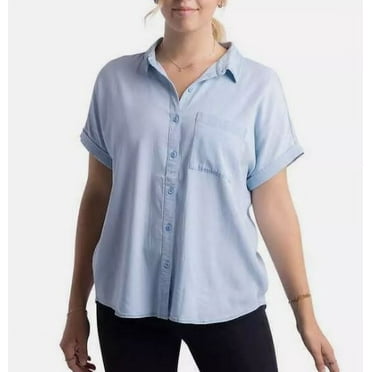 Ecothreads Women's Button-Up Chest Pocket Short Sleeves Shirt, Blue Small