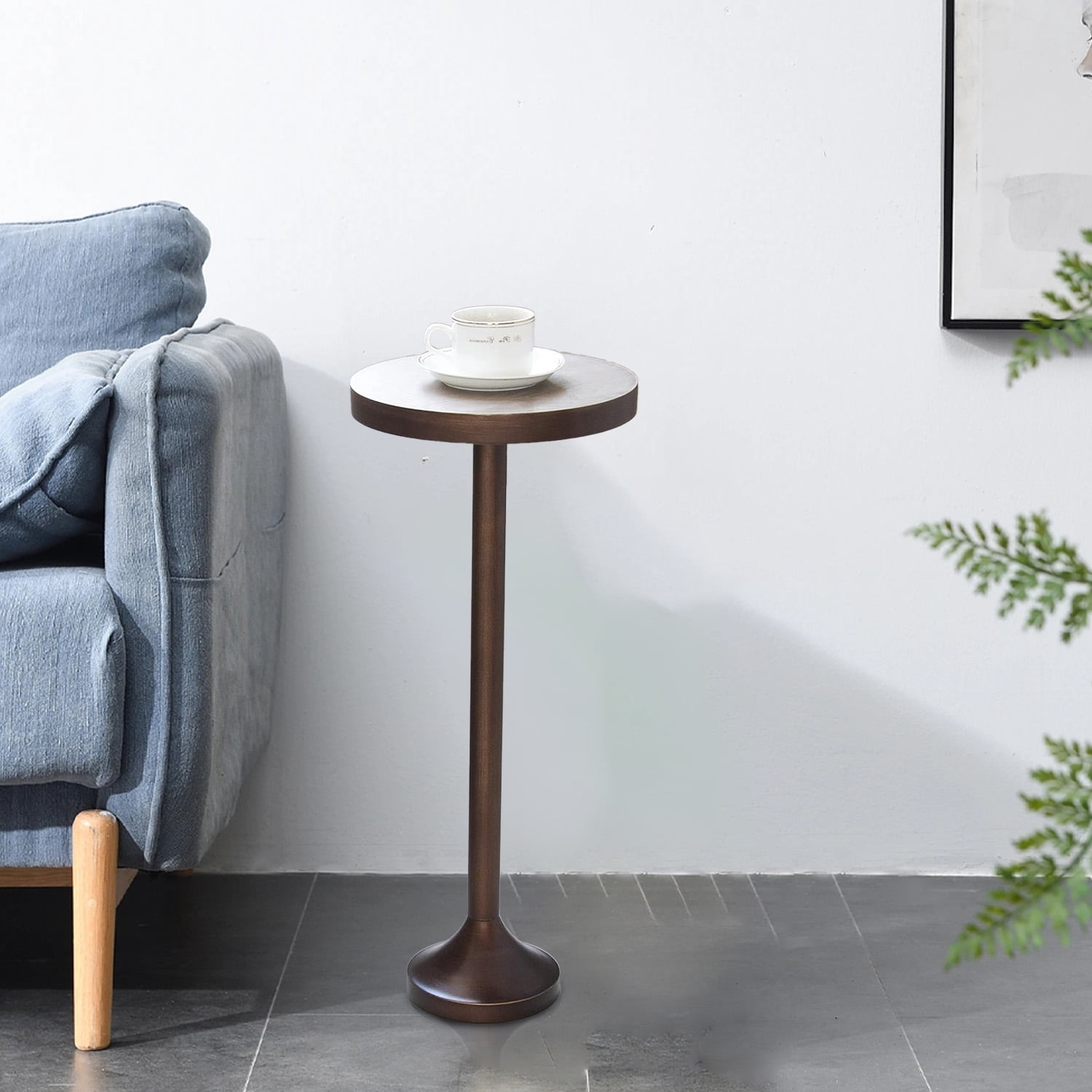 Small Pedestal End Table, Living Room Accent Side Table - Display Stand with Wood Top & Distressed Finish Metal Base, Light Espresso