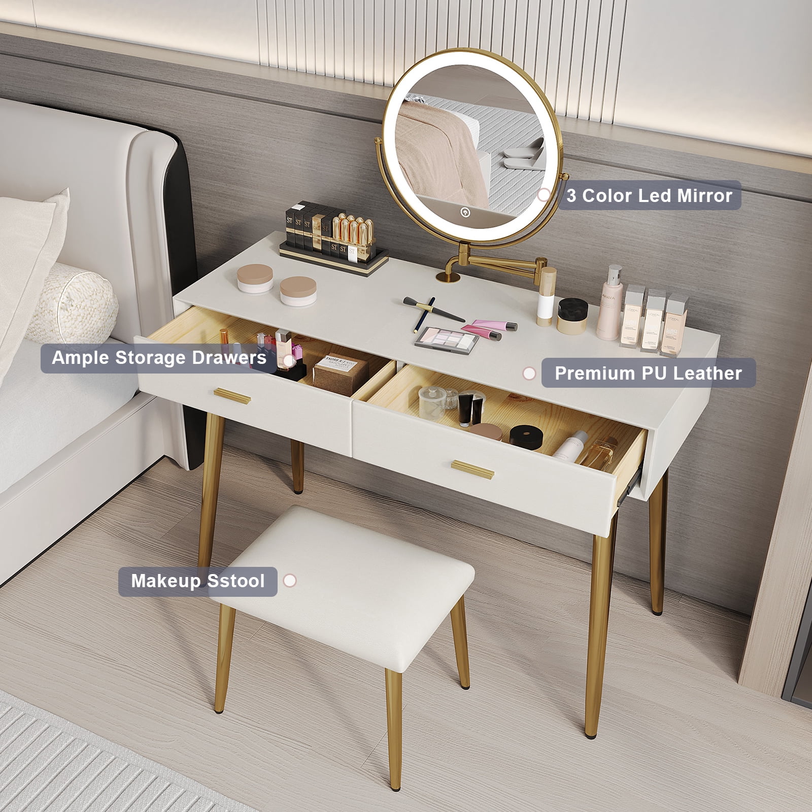 Vanity Set with Stool and Swivel Makeup Mirror, Leather Vanity with 2 Solid  Wood Drawers, Modern Dressing Table with Illuminated Mirror, Beige