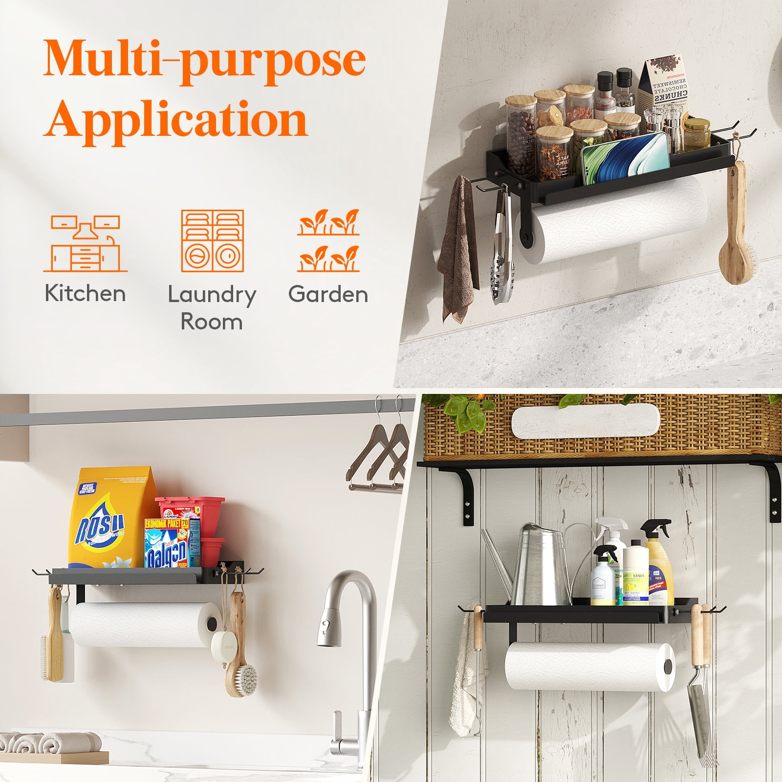 Lifewit Metal Garage Paper Towel Holder with Plastic Shelf, 12 inch Shop Towel Holder, Wall Mount Shelf with 4 Hooks and Phone Stand, Adhesive or Screws, for Clean Station, Craft Room, 1 Pack, Black