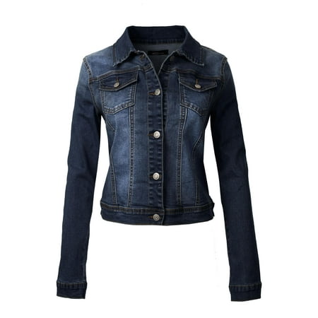 Made by Olivia Women's Classic Casual Vintage Blue Stone Washed Denim Jean Jacket Dark Denim