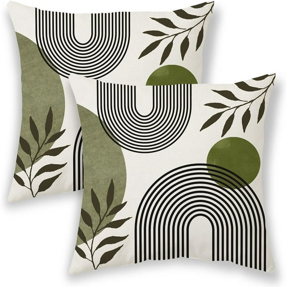 Boho Summer Pillow Covers 18x18 Inch 2 Pcs, Sage Green and Tropical Leaf Outdoor Decorative Throw Pillows, Mid Century Abstract Art Farmhouse Decor Pillowcase Linen Cushion Cover for Couch Sofa