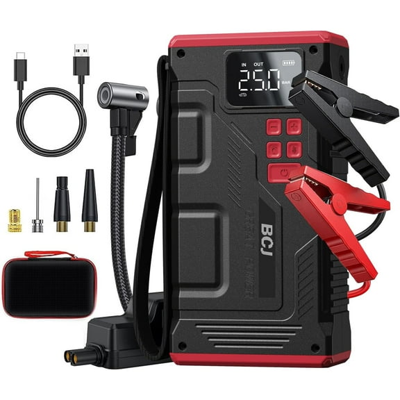 BCJ 4000A Peak Car Battery Jump Starter with 150 PSI Air Compressor, 12V Jump Box with Jumper Cables(for 9.0L Gas /8.0L Diesel), LCD Display