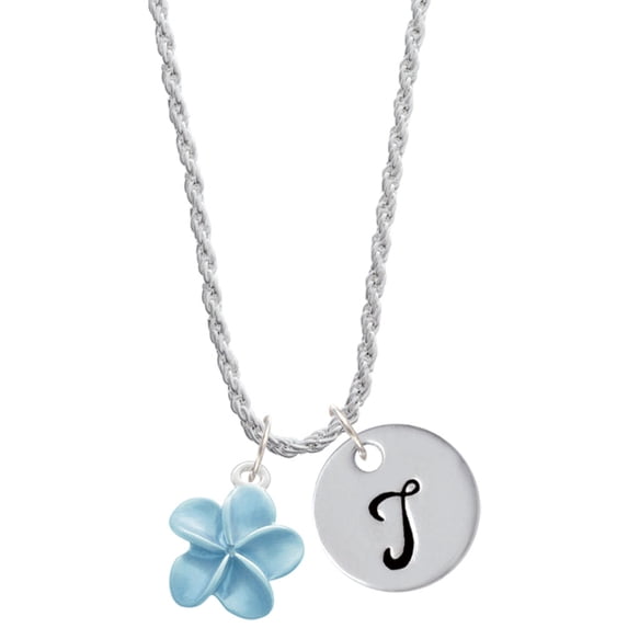 Delight Jewelry Silvertone Blue Plumeria Flower Silvertone Script Initial Disc - T - Charm Necklace, 20"+3"