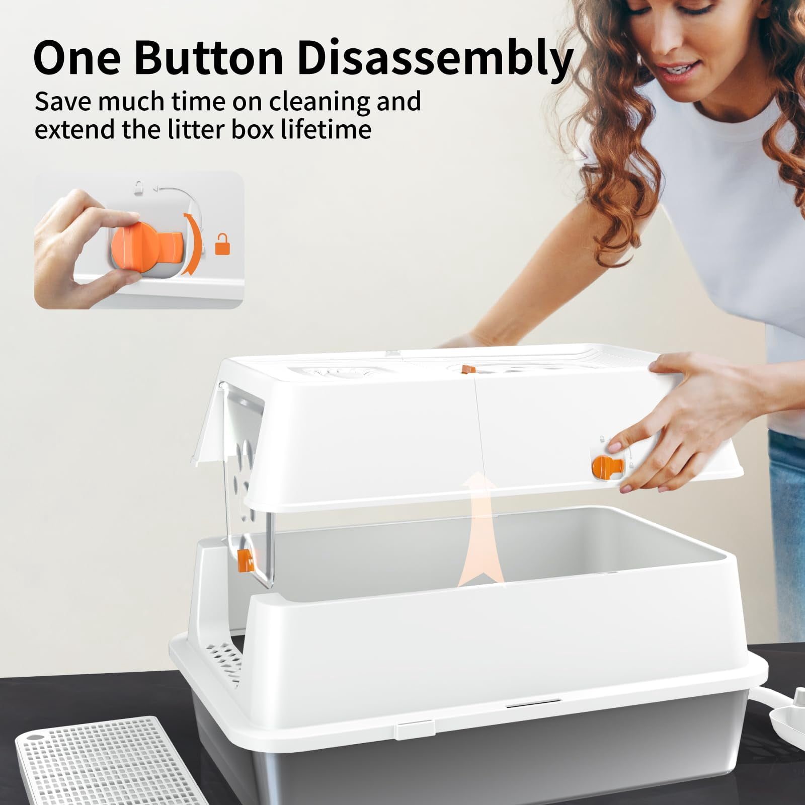 Stainless Steel Cat Litter Box With Lid  180° Flip-top Xl Extra Large Enclosed Covered Metal High Sided Pan Steps & Scoop Easy Cleaning Odor Control Non-sticky-white