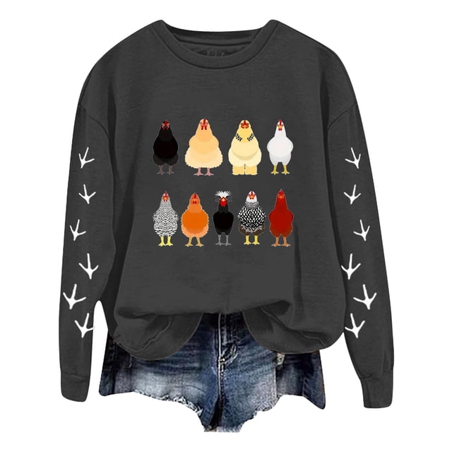 LUOGENLI Chandail pour Femmes Chandails à Capuchon Oversize Femmes Manches Longues Col Rond Chandails Imprimé Poulet Chandail Léger Ample Chandails Haut Chandails pour Femmes Graphique Automne Noir Taille TG