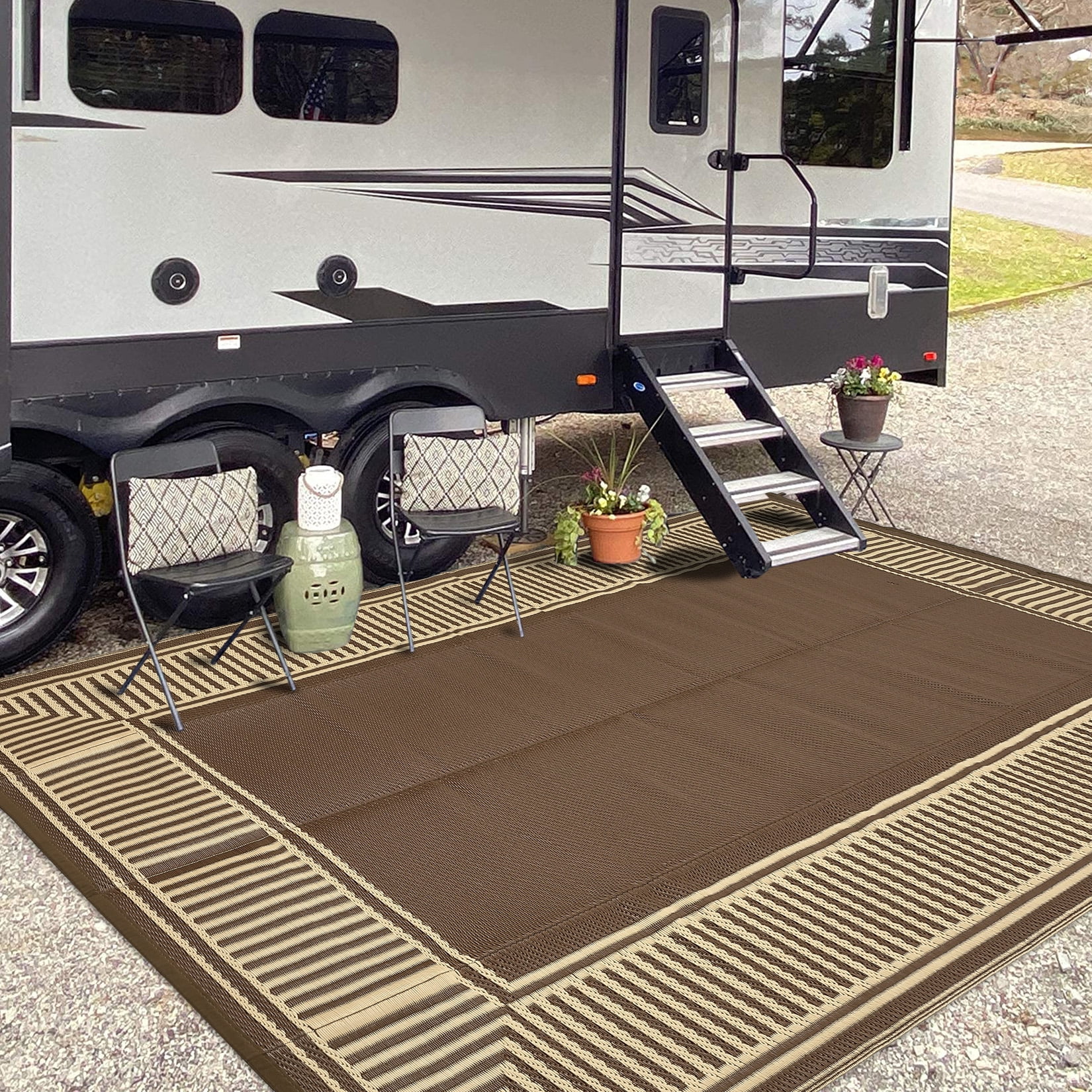 Garvee 9'x18' Waterproof Outdoor Area Rug Reversible Plastic Geometric Bordered Patio Mat UV-Protected for Deck, Backyard, RV and Camping, Brown