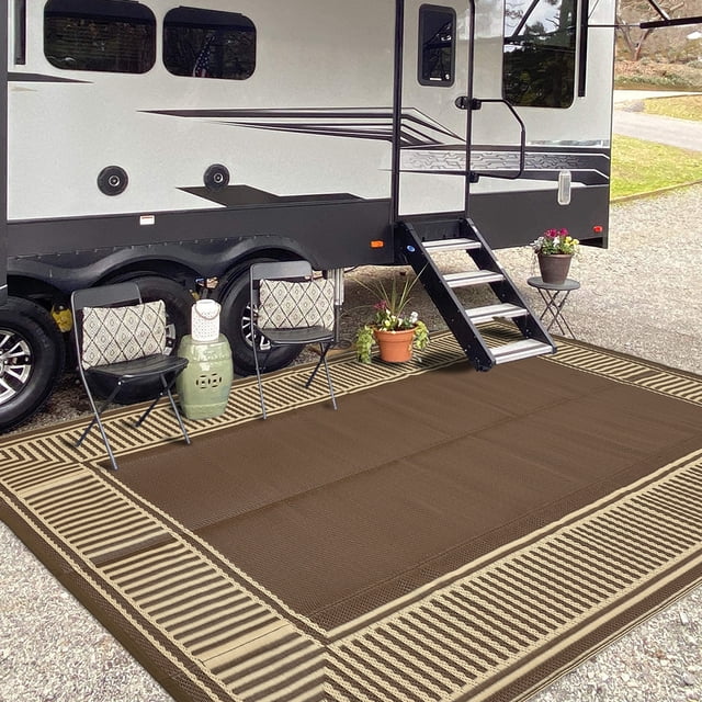 Waterproof Reversible Outdoor Area Rug 9x12ft - Lightweight Plastic Straw Mat - UV Resistant, Easy Clean - Modern Dark Brown Peony - For Backyard, Deck, Camping, Porch, Picnic, Balcony - USA Spec