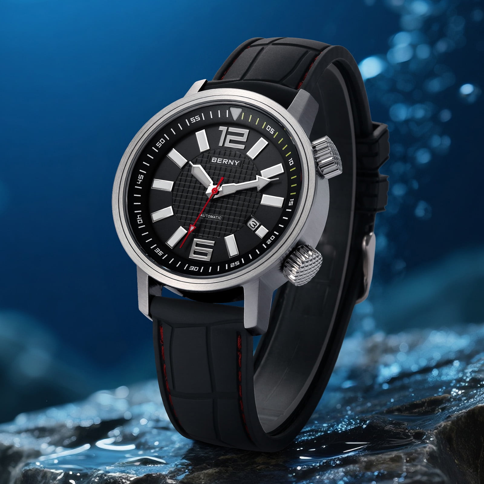 BERNY Automatic Dive Watches for Men, Sport 200M Waterproof Analog Mechanical Watch with Date, Super Luminous, Fluororubber Strap, Sapphire Crystal, Fashion Men's Pro Diver Watch (Black)