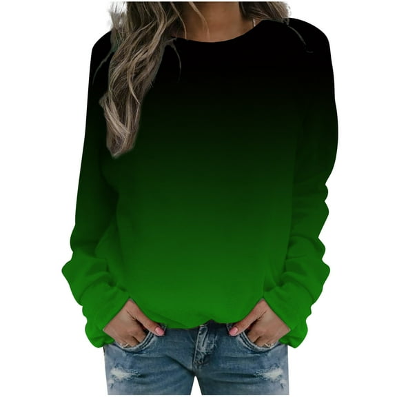 Lindreshi Long Sleeve Shirts for Women Deals Women's Tops Gradient Print Long Sleeves Pullover Crewneck Sweatshirt Casual Loose Sweatshirt