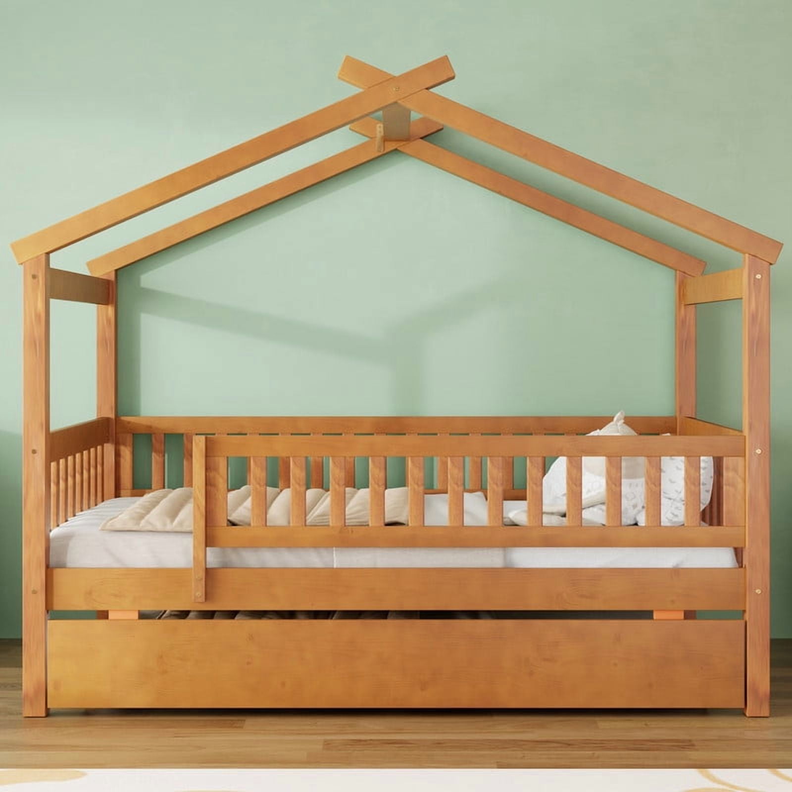 Bellemave Twin Size House Bed with Trundle Playhouse Platform Bed Wooden House-shaped Bed Frame with Fence Guardrail and Roof Tent Beds for Teens(Walnut, Twin Size)
