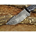 thumbnail image 5 of 8" Long skinning knife, 4" full tang gut hook blade, hand forged Damascus steel, 2 tone Dollar wood scale, Cow Leather sheath, 5 of 6