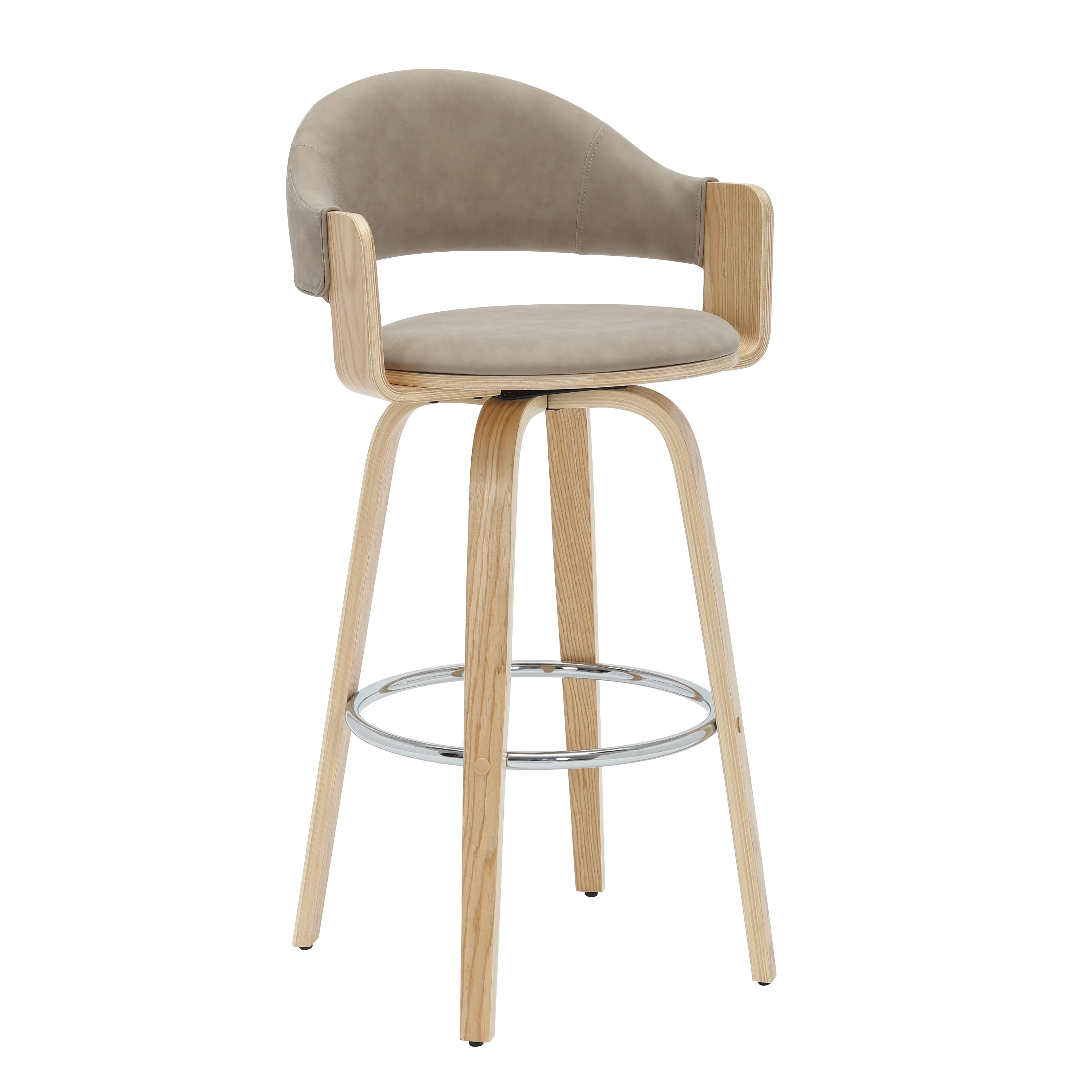 Daxton 40 in. H Swivel Bar Height Vintage Taupe Round Back Wood Bar Stool with Faux Leather Seat