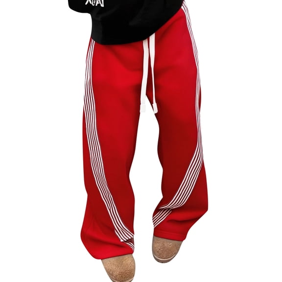 Havenx Mens Baggy Sweatpants Striped Wide Leg Sweatpants Elastic Waist Drawstring Open Bottom Trousers Yoga Jogging Y2k Loose Fit Clothes,Red S