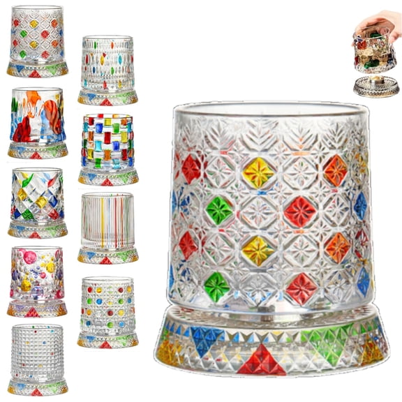 Luxury 360° Spinning Crystal Glass, Hand Painted Embossed Whiskey Tumbler for Home Bar, Smooth Rotating Base to Aerate Spirits