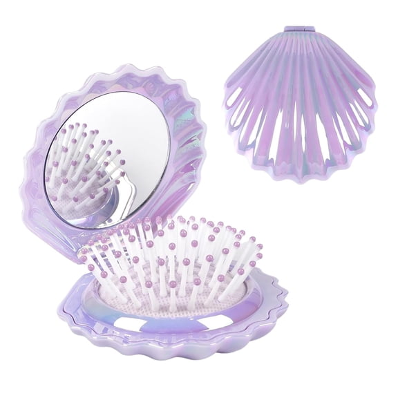 OPALESQUE Foldable Travel Hair Brushes with Mirror Shell Shape,Metallic Shinning, Portable Pocket Hair Brush, Mini Hair Comb Compact Size, 7.5x8cm,Gifts for Girls women