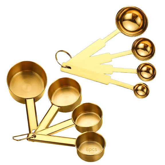 8 Pcs Gold Measuring Cups and Spoons Set, 430 Stainless Steel Nesting Dry & Liquid Measuring Set, Baking and Cooking Essentials, Includes Measuring Spoons and Cups