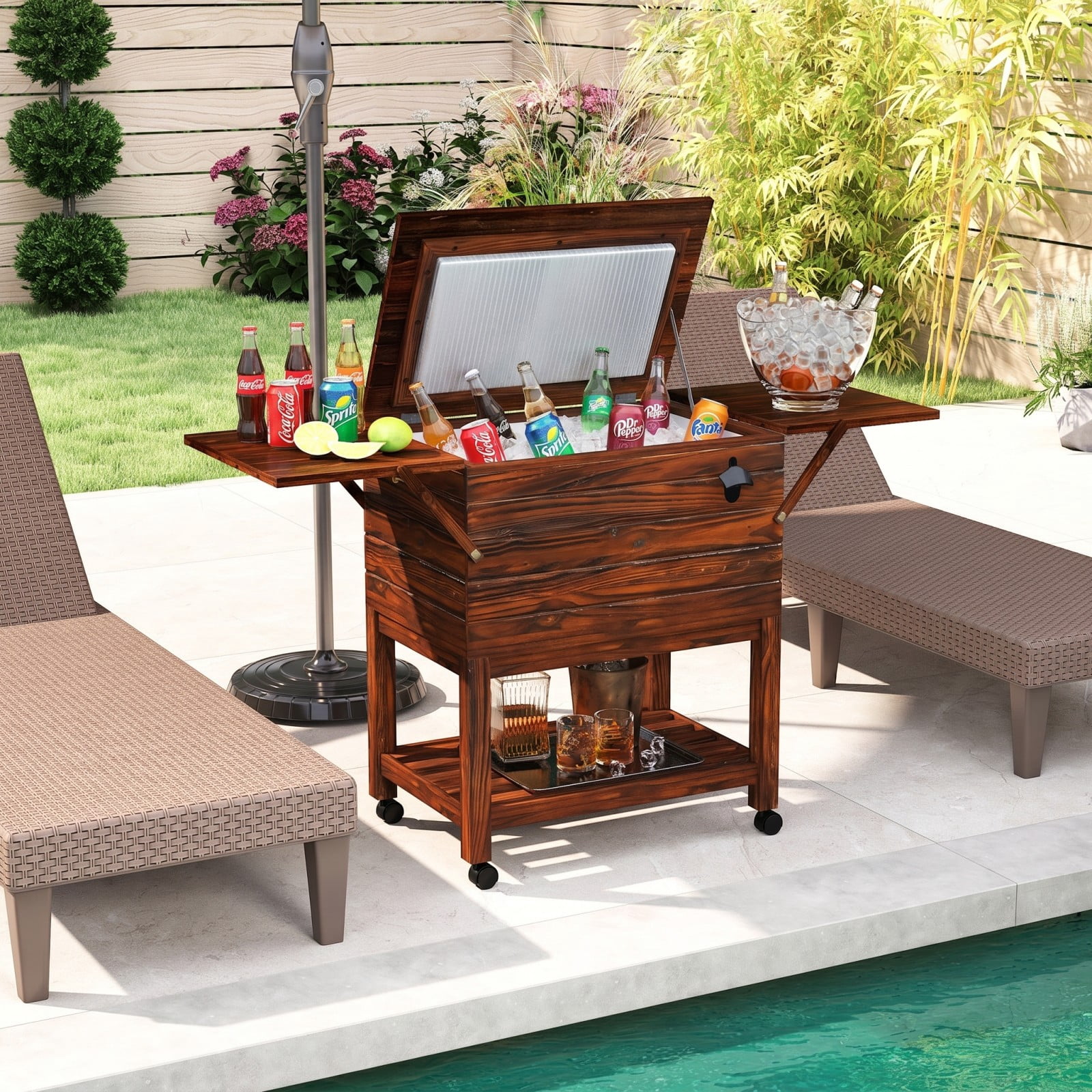 Biotree 54 Quart Wooden Cooler Cart for Patio with Shelves Rolling Ice Chest with Drain Plug Outdoor Cooler Cart, Brown
