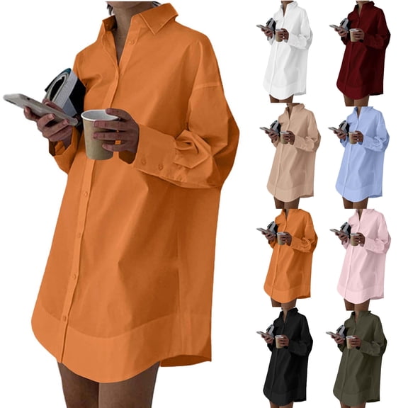 hoksml Women's Oversized Long Shirt Dress Collar Button Down Long Sleeve Curved Hem Casual Tunic Blouse