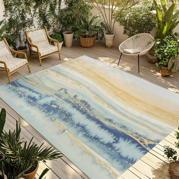 Fsddascl Yellow Blue Ombre Outdoor Rug for Patio/Deck/Porch, Non-Slip Large Area Rug 6 x 9 Ft, Abstract Modern Art Fluid Striped Indoor Outdoor Rugs Washable Area Rugs, Reversible Camping Rug Carpet