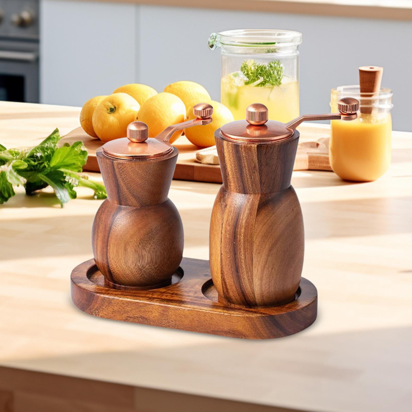 shamjina 2Pcs Wood and Pepper Shakers with Tray Sea Grinder Kitchen Gadgets
