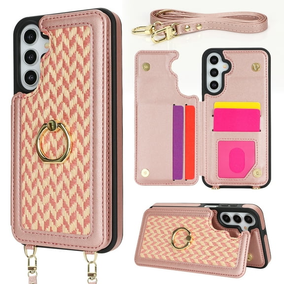 PU Leather Crossbody Wallet Case for Samsung Galaxy A16 5G/4G, Detachable Magnetic Card Holder RFID Blocking Adjustable Strap Rotating Ring Stand Elegant & Stylish Protective Phone Cover, Rosegold