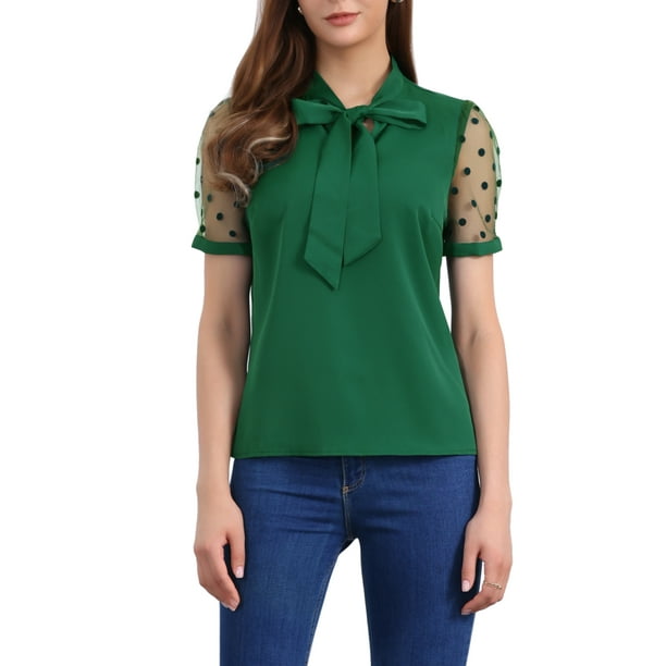 INSPIRAR CHIC Blusa de Manga Corta de Malla con Cuello de V y Lazo para Mujeres XL Verde Oscuro
