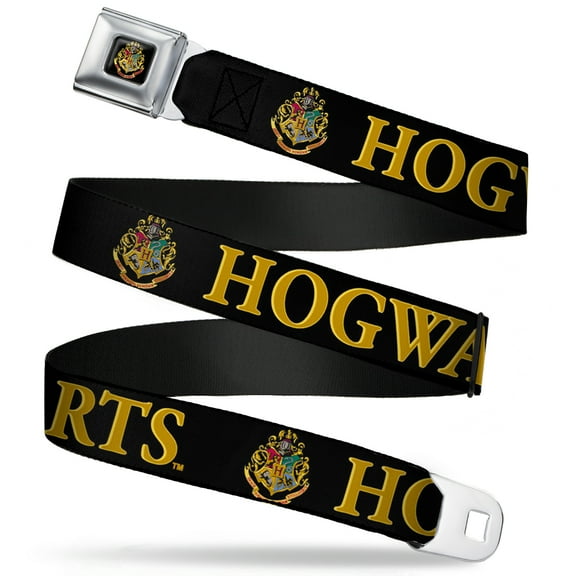 The Wizarding World of Harry Potter Belt, Seatbelt Buckle Belt, Harry Potter Hogwarts Crest Black Gold, 30 to 44 Inches