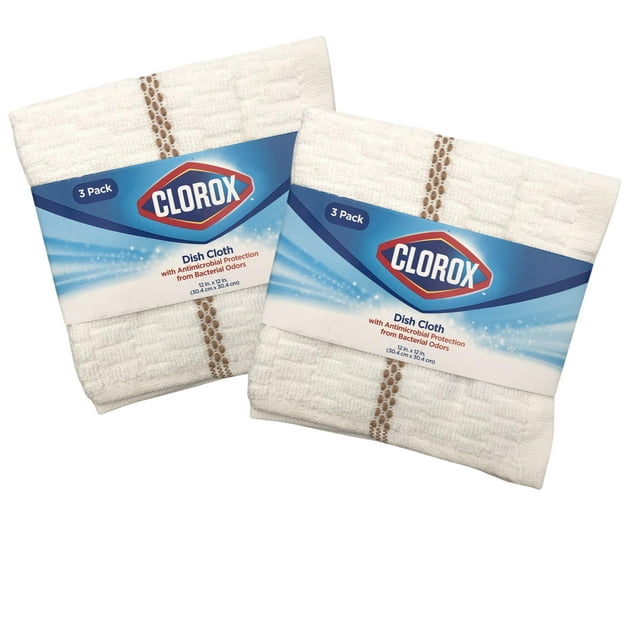 Clorox Dish Cloths 6 Count (2 Packs of 3 Cloths), White With Tan