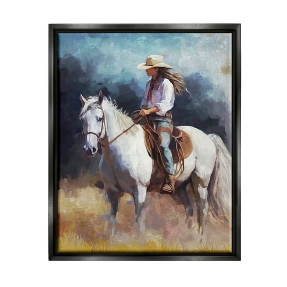 Stupell Industries Cowgirl on White Stallion Animals & Insects Painting Black Floater Framed Canvas Art Print Wall Art, 17 x 21