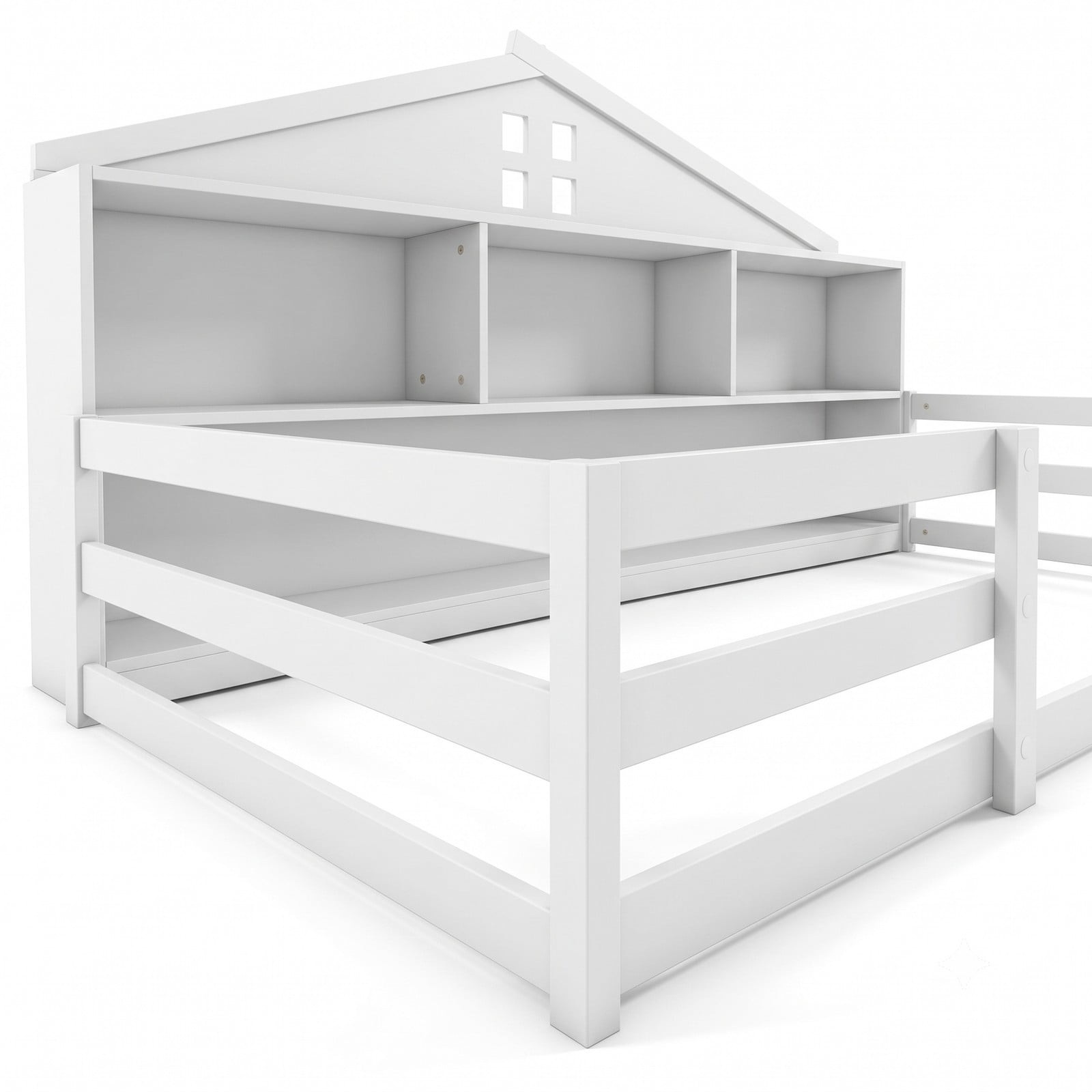 Furnibear Twin Bed Frame Montessori Floor Bed for Kids with House Headboard, Storage Compartments and Open Shelf, White