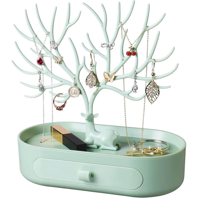Organizador de joyas con temática de ciervos, diseño portátil y desmontable, plástico de alta calidad, gran capacidad para organizar varias joyas, regalo perfecto para niñas (verde)