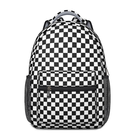 Black and White Checkered Backpack for School,Cute School Bag,Schoolbag with Adjustable Shoulder Straps & Padded Back,15.3"x11"x6.7"