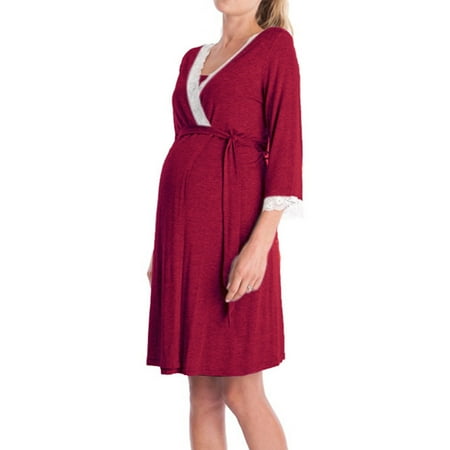 

JustVH Women Lace Patchwork 3/4 Sleeve Maternity Dress Robe Nightgown