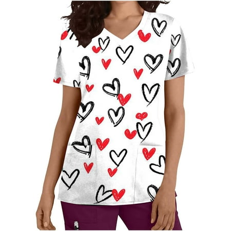 

LWZWM Womens Valentine s Day Workwear Scrub Tops Tunic Tops Short Sleeve V-Neck Tops Valentine s Day Pockets Blouse Nursing Uniform White S