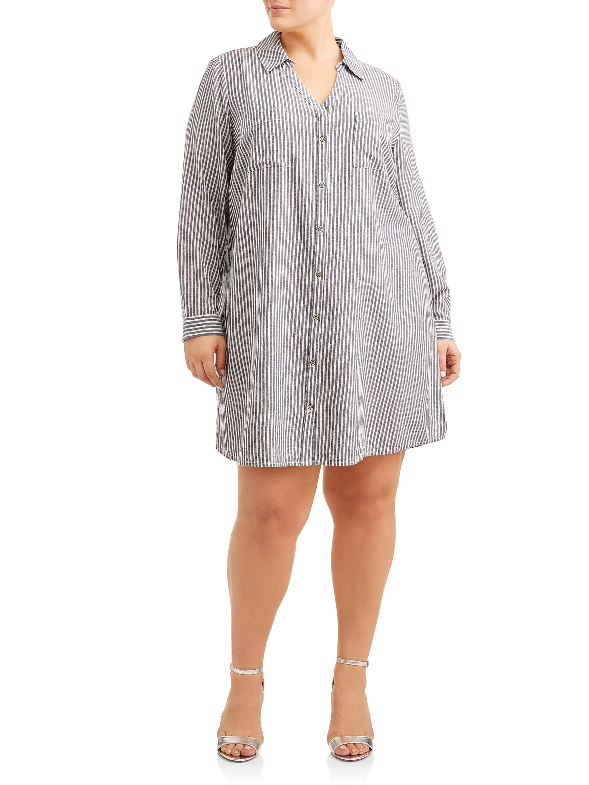 plus size striped shirt dress Vionelle Plus Size Blue Striped Shirt Dress Wedding Guest Party Dresses Metal Starfish Oversized Batwing Sleeve Collared Asymmetrical Hem Ca,4XL