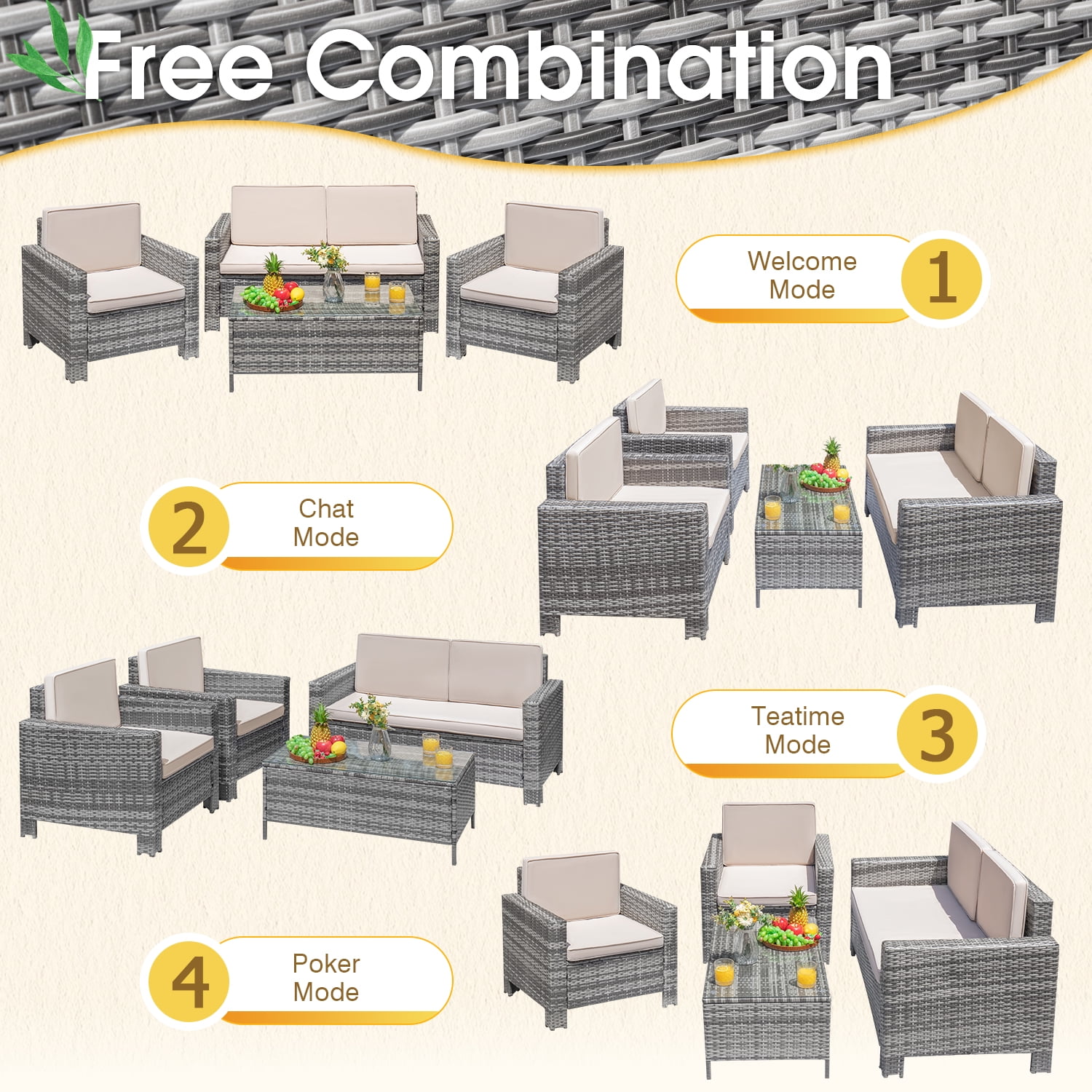Devoko 4 Pieces Patio Conversation Set PE Rattan Wicker Furniture Sofa Set Outdoor Indoor Furniture Set, Gray
