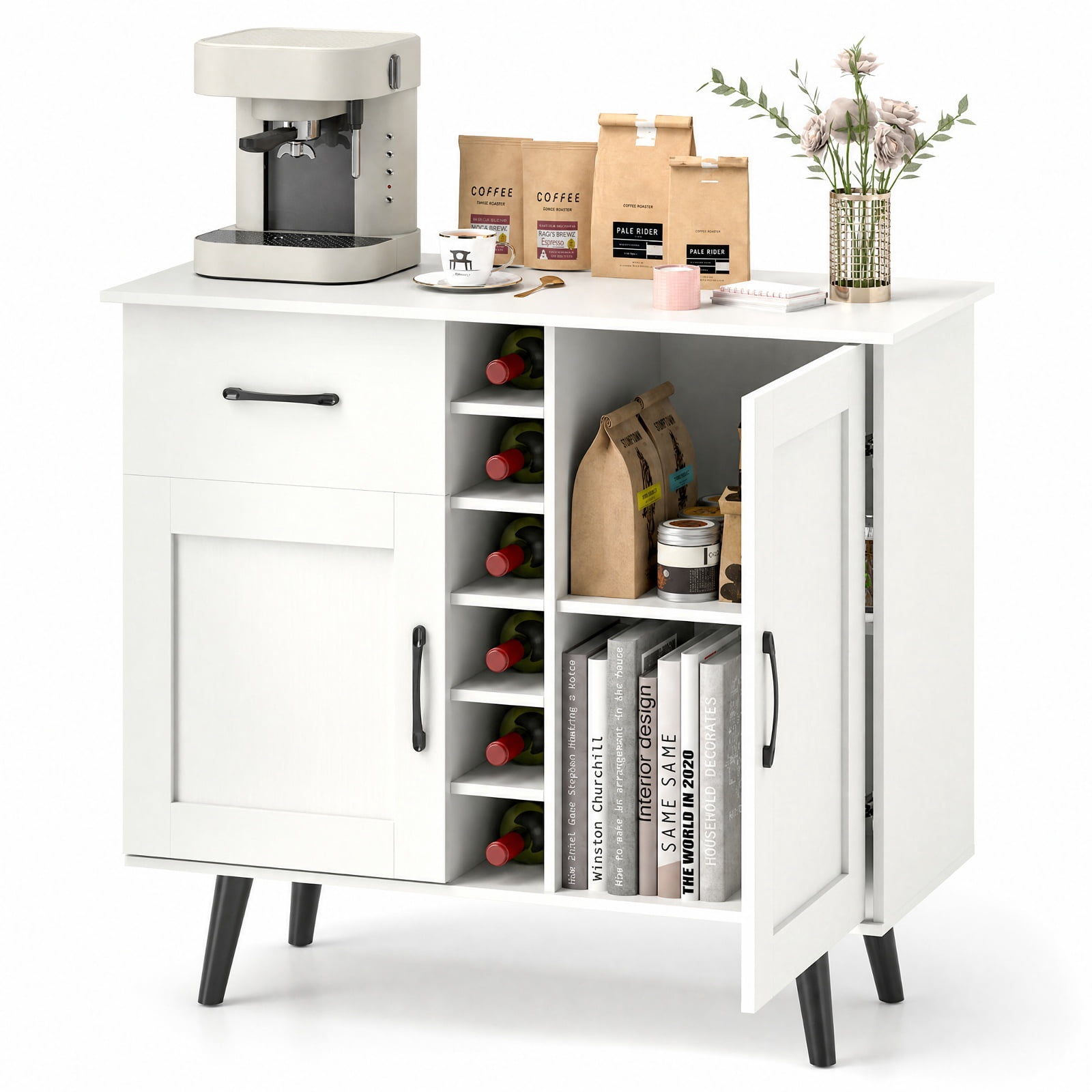 Furnibear Modern Wine Bar Buffet Cabinet with 6-Bottle Wine Rack for Kitchen Dining Living Room Buffet Storage Server, White
