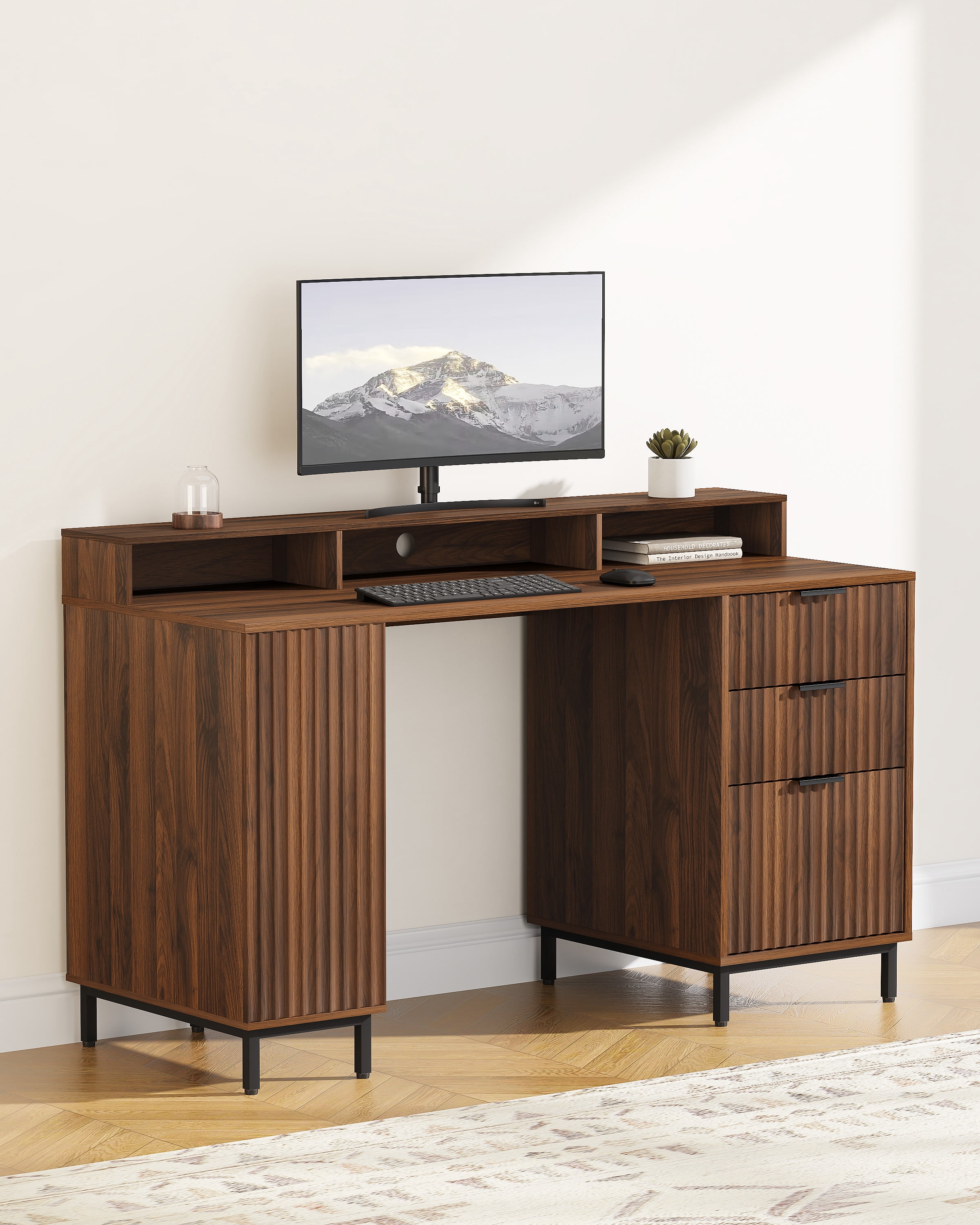 Joyyskill 55'' Fluted Executive Desk with Drawers, Modern Home Office Computer Desk with Charging Station, File Drawer, Monitor Stand, Storage Shelf for Work Writing Study, Brown