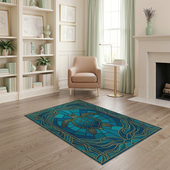 ODIKA Stained Mosaic Ocean Border Entryway Teal Beachy Nautical Turtle Refined Non-Slip Chair-Friendly for Home Office, Gaming Room, Under Desk