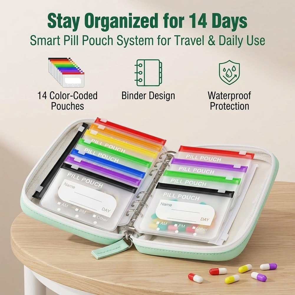 Waterproof Pill Pouch Set-14Pcs Bags Inside, Zipper Pill Case with 14 Day Zipper Pouches Organizer Travel Medicine Weekly Vitamin Medication Reusable Portable Large Holder Daily Container