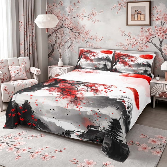 Manfei Ink Fuji Full Size Sheets for Teens, Red Maple Bed Sheets, Black Red White 4 Pieces, 1 Flat Sheet, 1 Fitted Sheet and 2 Pillowcases