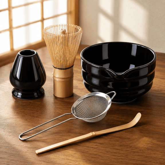Black Ceramic Matcha Tea Ceremony Preparation Kit with Whisk, Scoop, Sifter and Holder
