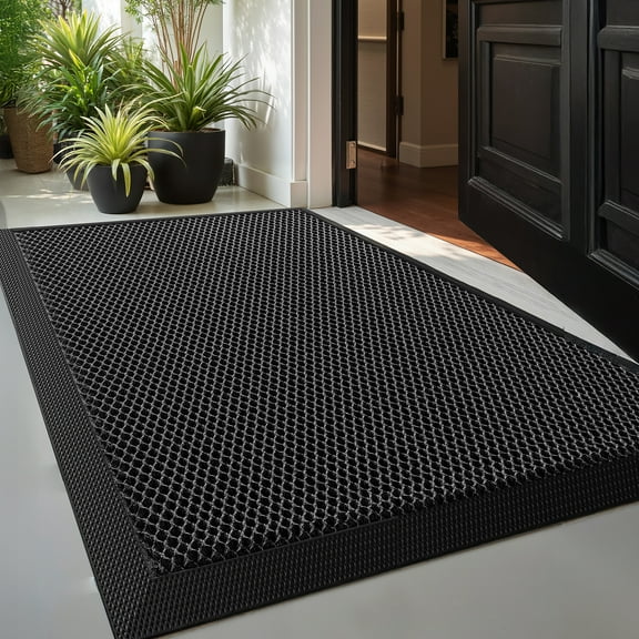 PABUBE High Stretch Elastic Silk Outdoor Doormat, Quick-Dry & Heavy-Duty Welcome Mat, Non-Slip Front Door Mat for Outside Entry, Low Pile Patio Doormat for Entry Rug, Black Grey, 24"x36"