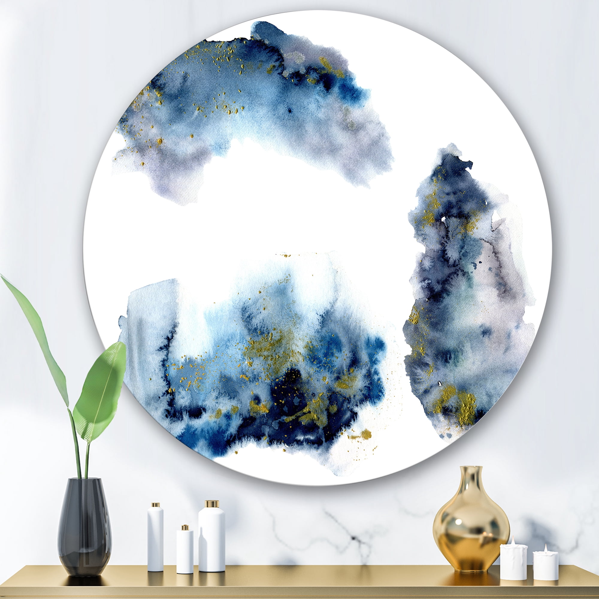 Designart 'Gray and Blue Clouds With Golden Glitter' Modern Circle Metal Wall Art 36x36 - Disc of 36