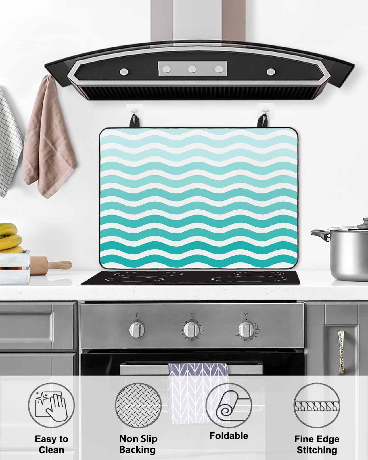 nqOlkjepod Large Induction Cooktop Protector Mat 24"x21", Geometric Turquoise Ombre Stove Top Covers for Electric Stove, Modern Gradient White Ocean Striped Stove Burner Cover Mats Stove Cover