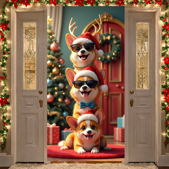 Festive Theme Christmas Banner Decorative Design Corgi Banner Reindeer Antlers Sunglasses Santa Hat for Holiday Party Pet Celebration Indoor Decoration