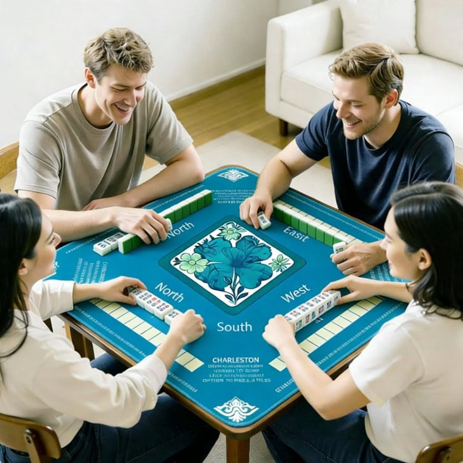 Mahjong Mat Non-Slip 31.5x31.5 Inch | Noise Reduction Game Table Mat with Carrying Bag - for Mahjong (Blue/Four-Leaf Clover)